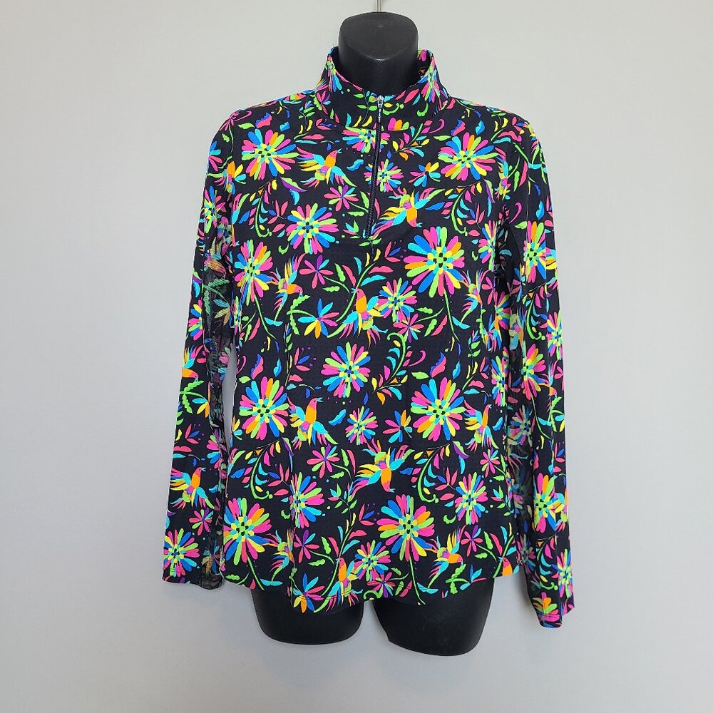 IBKUL Size Medium Long Sleeve Golf Top Black Birds Floral  Lightweight Tropical